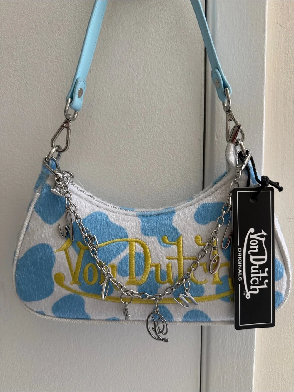 NWT Von Dutch Light Blue Cow Print Shoulder Bag